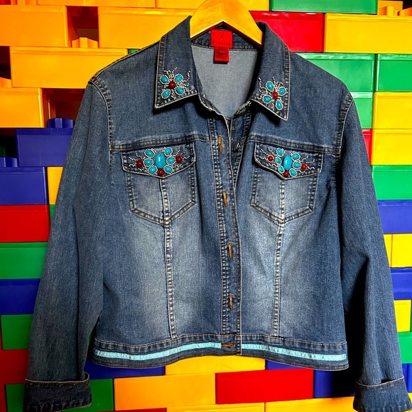 V Christina denim turquoise and ruby butterfly jacket size large - Picture 1 of 11